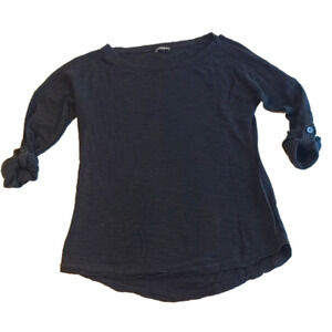 Express Black Cuffed Quarter Sleeve Shirt with Round Hem and Crew Neckline
